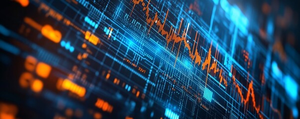 Digital data streams flow on screen, showing market trends