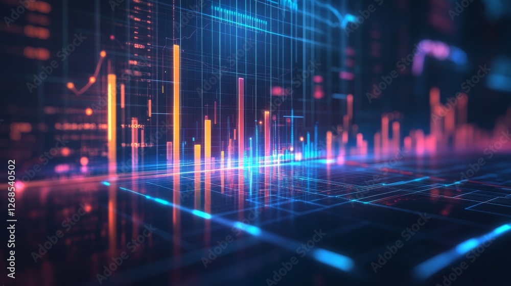 Fototapete A D financial chart with rising columns and a glowing trendline, placed over a sleek digital grid with futuristic design elements