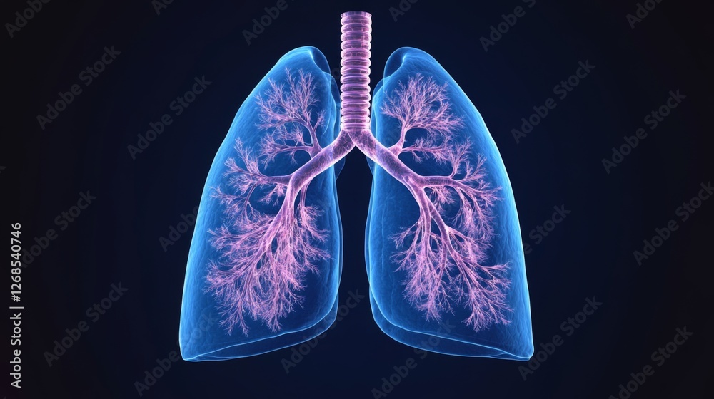 Poster A D rendering of a pair of human lungs with detailed bronchi and alveoli, isolated on a dark background, highlighting the respiratory system