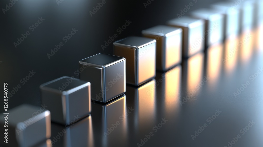Fototapete A D stacked bar chart with metallic bars in ascending order, placed on a reflective surface, highlighting financial progress in a clean, minimalist design