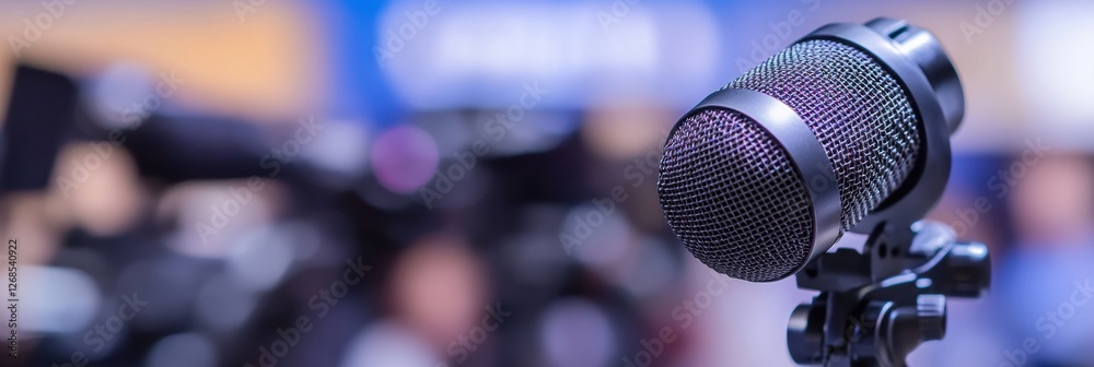 Leinwandbilder close up of microphone ready for live event with cameras in background during a conference. generati