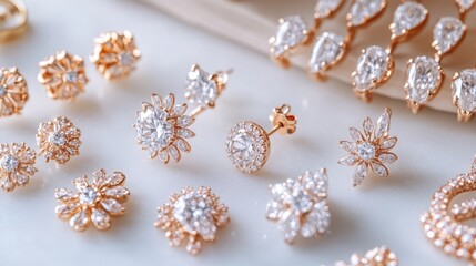 A beautiful arrangement of various styles of diamond earrings, including studs and drops, set on a white marble background, emphasizing their shine