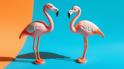 Obraz premium Two flamingo figurines on a vibrant surface, symbolizing elegance and simplicity in a bold color palette.