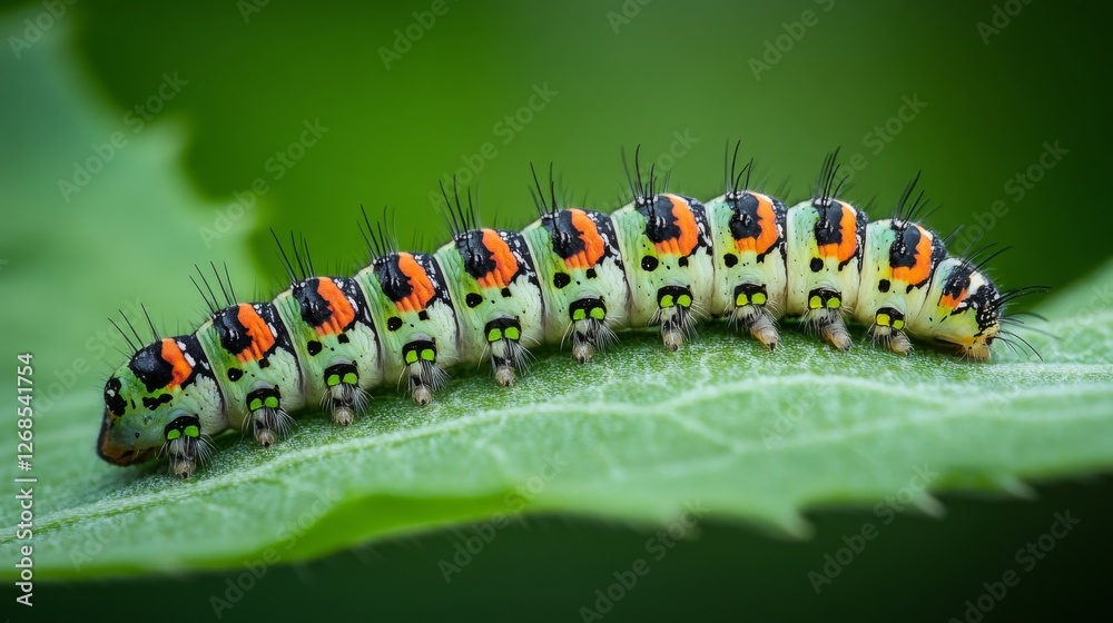 Poster a close-up of a caterpillar crawling on a green leaf, highlighting its unique patterns and textures,