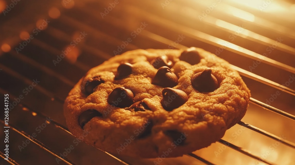 Poster A close-up of a chocolate chip cookie with gooey chocolate chips, fresh out of the oven, set on a cooling rack with a warm, inviting glow