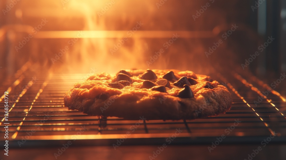Poster A close-up of a chocolate chip cookie with gooey chocolate chips, fresh out of the oven, set on a cooling rack with a warm, inviting glow