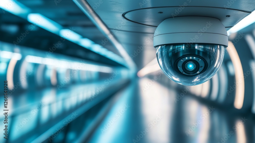 Poster a close-up of a dome-shaped security camera on a smooth metal ceiling inside a sleek, futuristic bui
