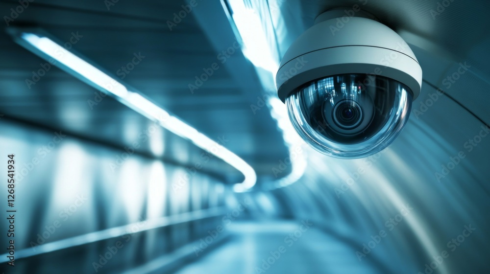 Poster a close-up of a dome-shaped security camera on a smooth metal ceiling inside a sleek, futuristic bui