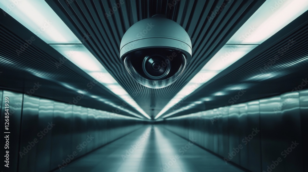Poster a close-up of a dome-shaped security camera on a smooth metal ceiling inside a sleek, futuristic bui
