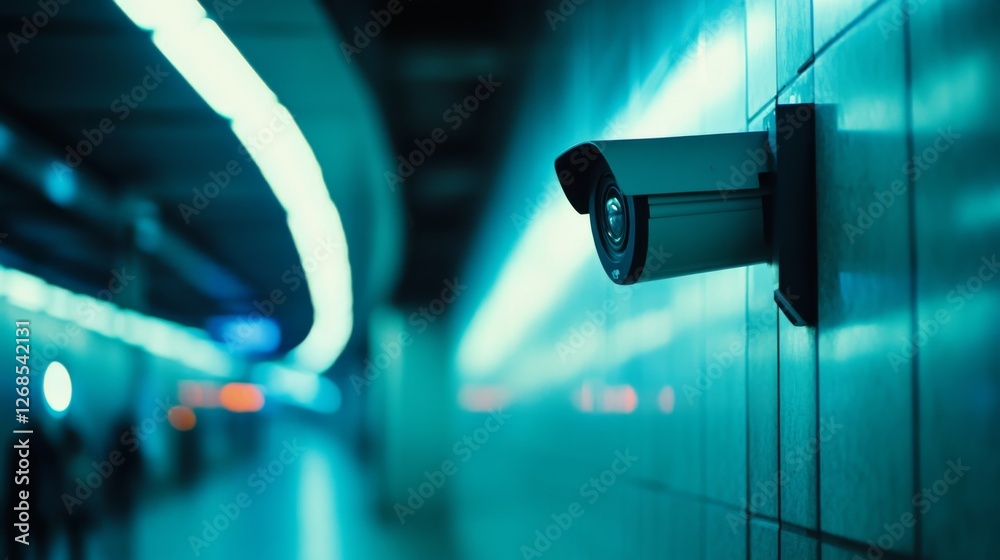 Aufkleber A close-up of a motion-detecting CCTV camera on the side of a public transportation station, with minimalistic design and clean surroundings