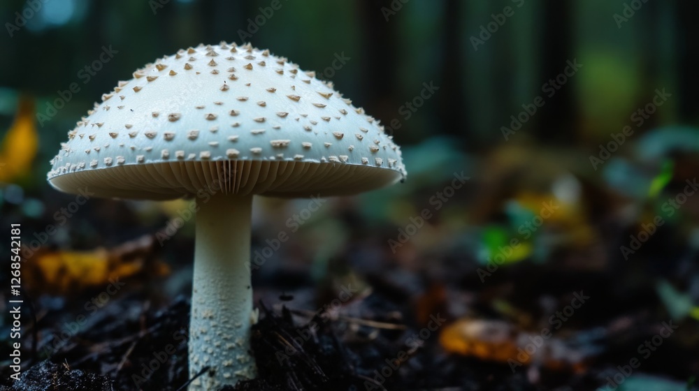 Poster a close-up of a mushroom stem with tiny water droplets on its surface, set against a blurred backgro