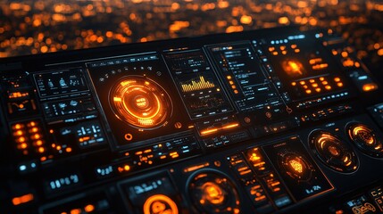 Obraz premium Futuristic Visual Map Interface in Grid Style with Neon Elements and Advanced Data Display