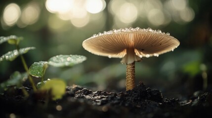 A close-up of a mushroom stem with tiny water droplets on its surface, set against a blurred background of dark earth and surrounding vegetation