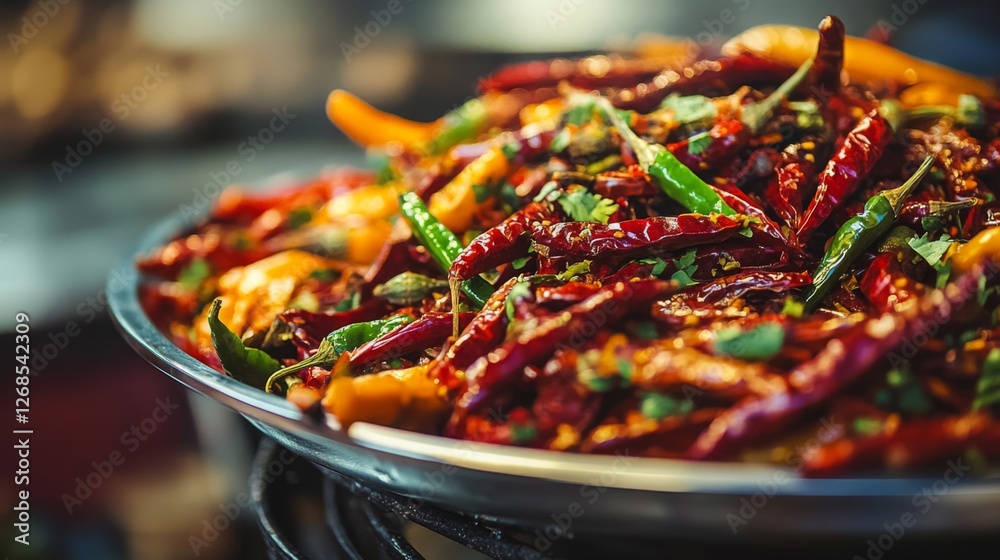 Wall mural A close-up of a plate of spicy dishes garnished with chopped chilies, with vibrant colors and textures creating a tantalizing culinary experience