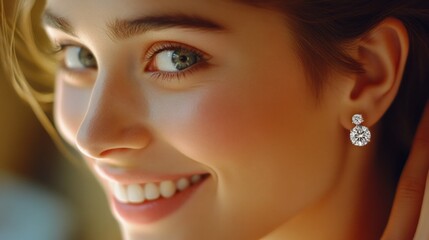 Radiant smiling woman showcasing elegant diamond jewelry