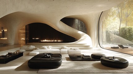 Fototapeta premium Sleek Futuristic Living Room Design with Unique Architecture and Minimalist Aesthetic