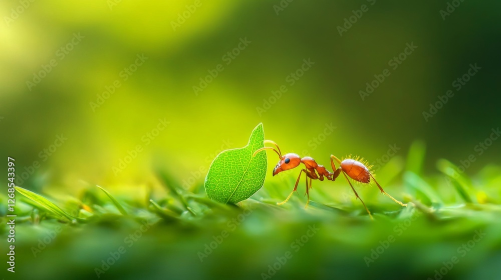 Poster a close-up view of an ant carrying a tiny leaf, showcasing its intricate body structure and details,
