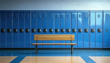 3D render of blue high school lockers with a wooden bench in front, gymnasium background.