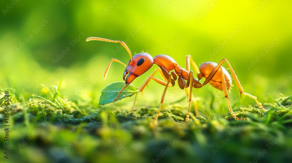 Poster a close-up view of an ant carrying a tiny leaf, showcasing its intricate body structure and details,