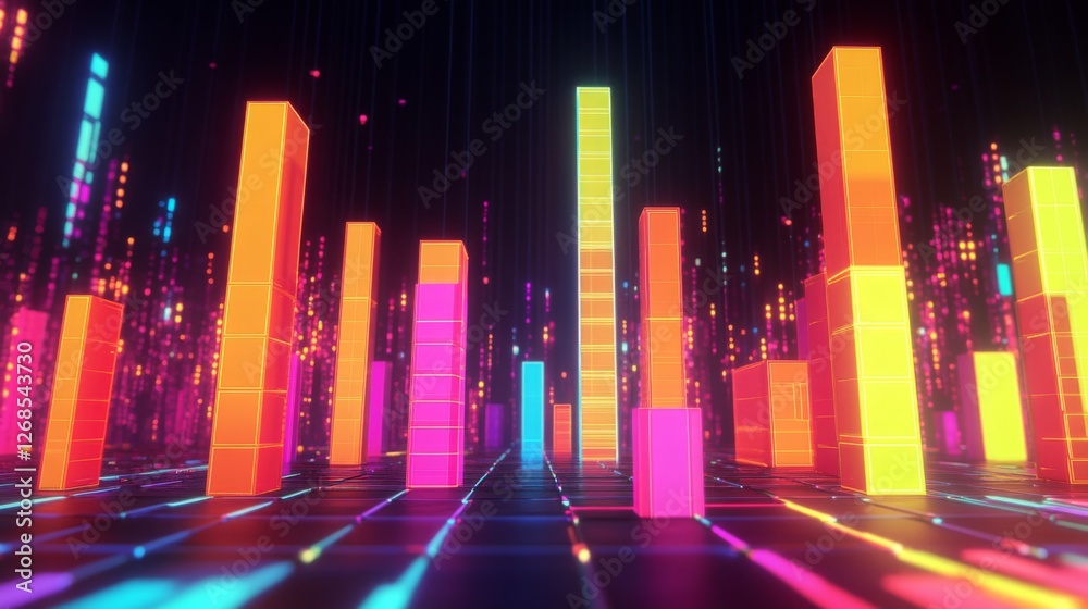 Fototapete A colorful D bar chart with tall, gradient-colored bars rising from a digital financial dashboard, with numbers softly glowing in the background
