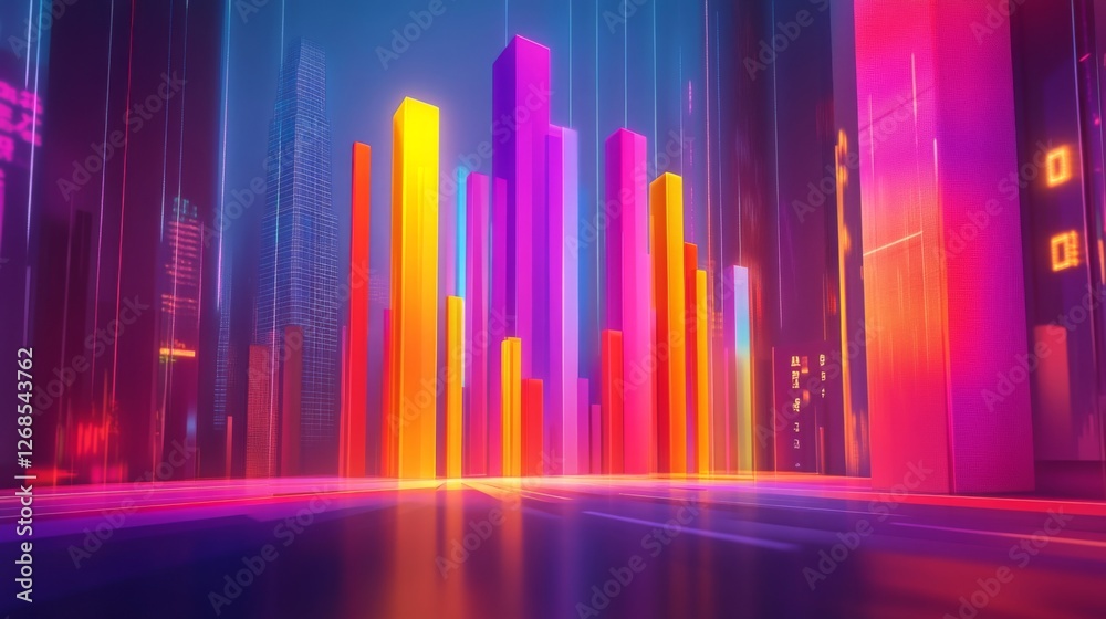 Leinwandbilder a colorful d bar chart with tall, gradient-colored bars rising from a digital financial dashboard, w