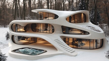 Fototapeta premium Futuristic Mountain Cabin Surrounded by Snowy Forest with Glass Elements and Unique Design