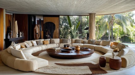 Fototapeta premium Neutral decor living room with furniture arranged in a circle and rug underneath
