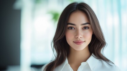 Close-up of empowered young woman in modern office setting