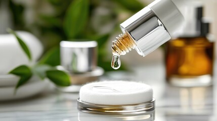 Open makeup remover bottle with liquid dripping onto a cotton pad