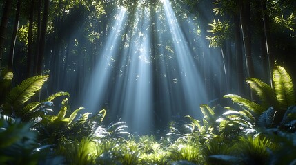 Obraz premium Sunbeams pierce lush jungle; mystical scene