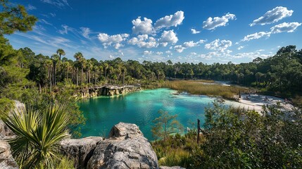 Tranquil Turquoise Lagoon Surrounded by Lush Tropical Vegetation