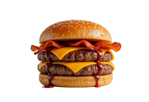 A hyper-realistic double-stacked beef burger with cheddar and Swiss cheese melting between the layers. The crispy bacon strips slightly curve over the patty