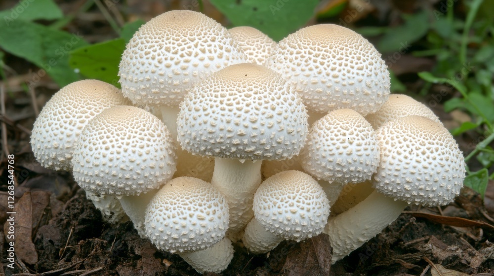 Poster a delicate cluster of white mushrooms in a forest, with visible water droplets creating a glistening