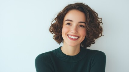 Obraz premium Joyful young woman smiling indoor setting portrait photography bright mood