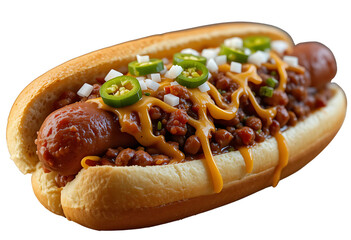 A juicy hot dog covered in rich, meaty chili and melted cheddar cheese, garnished with finely chopped onions and jalapeños.