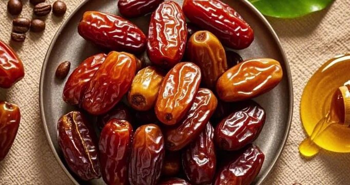 Motion shot of dates fruit, honey, bidara leaves, chickpeas, Arabian fruits, sand dune, desert, Eid Mubarak, Ramadan