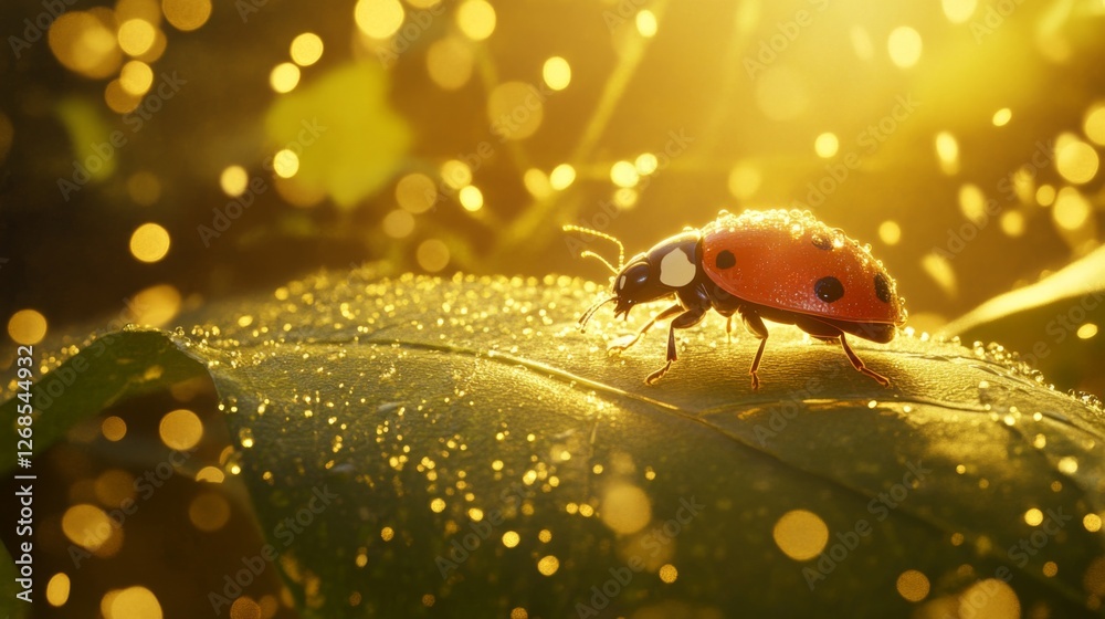 Poster a detailed image of a ladybug crawling on a green leaf, with droplets of water glistening in the sun