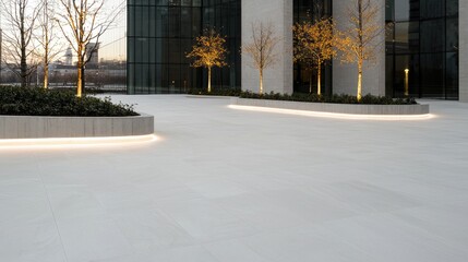 Modern plaza at dusk, city skyline view, illuminated landscaping