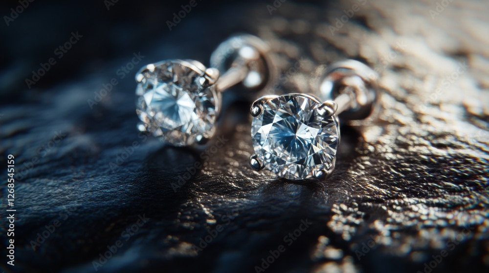 Leinwandbilder a detailed macro view of a pair of classic diamond earrings resting on a textured surface, with soft