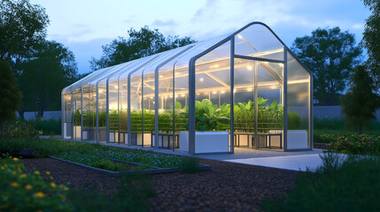 Fototapeta premium Scalable Modular Greenhouse with Interconnected Units and Transparent Polycarbonate Panels.
