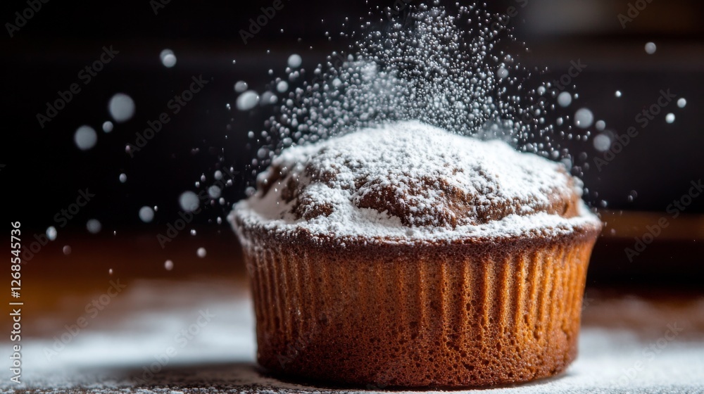 Poster a dramatic shot of a chocolate souffl rising in the oven, with a rich brown color and a dusting of p
