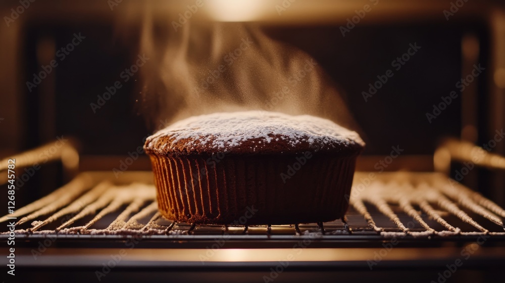 Poster a dramatic shot of a chocolate souffl rising in the oven, with a rich brown color and a dusting of p