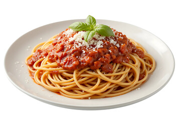 A photorealistic 3D render of a plate of spaghetti coated in rich tomato sauce, with fresh basil leaves and grated Parmesan cheese on top. The noodles have a glossy texture with small sauce droplets. 