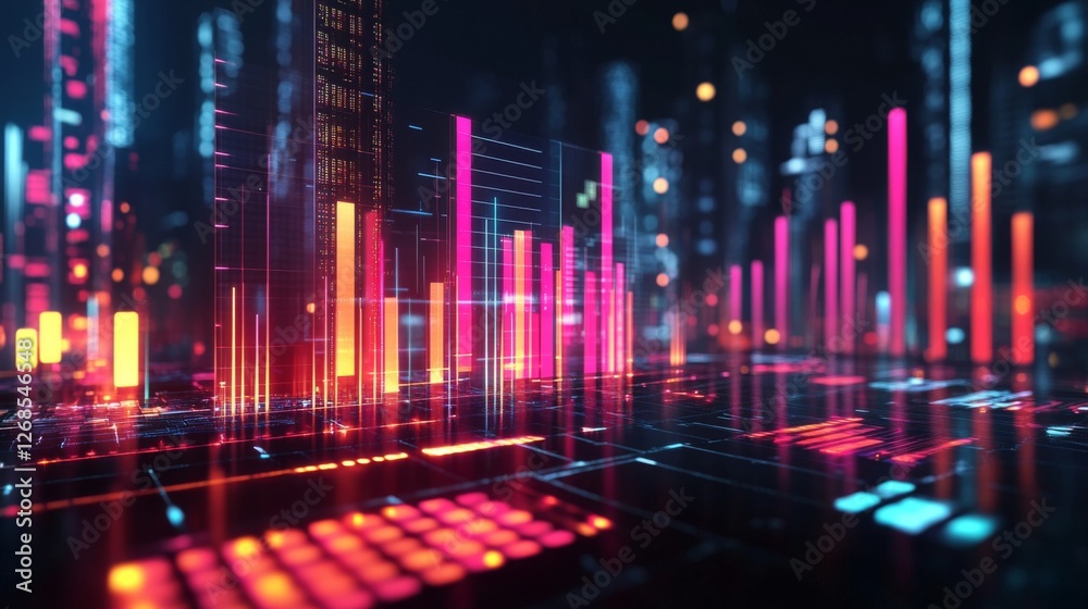 Poster A dynamic D bar chart with translucent bars in different heights, hovering over a futuristic financial dashboard with glowing elements