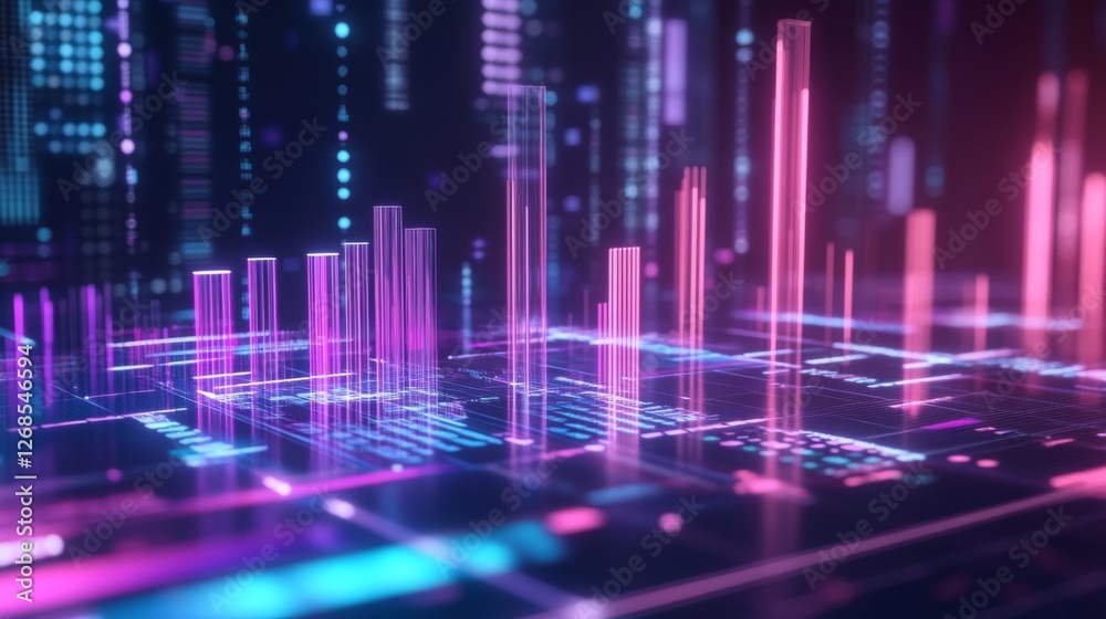 Aufkleber A dynamic D bar chart with translucent bars in different heights, hovering over a futuristic financial dashboard with glowing elements