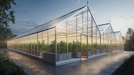 Obraz premium greenhouse with interconnected units, forming a scalable and adaptable structure. Each unit is made of transparent polycarbonate panels 