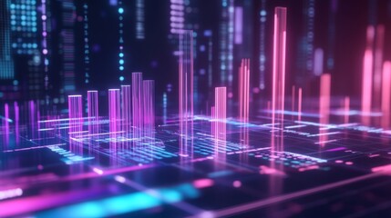 Fototapeta premium A dynamic D bar chart with translucent bars in different heights, hovering over a futuristic financial dashboard with glowing elements