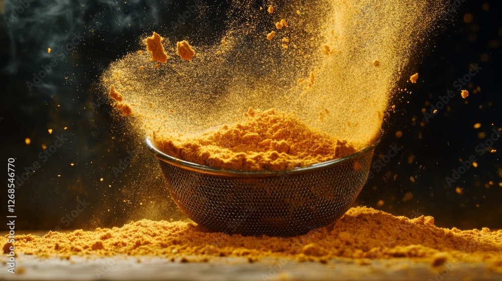 Poster a dynamic shot of turmeric powder being sifted through a fine mesh strainer, with a cloud of yellow 