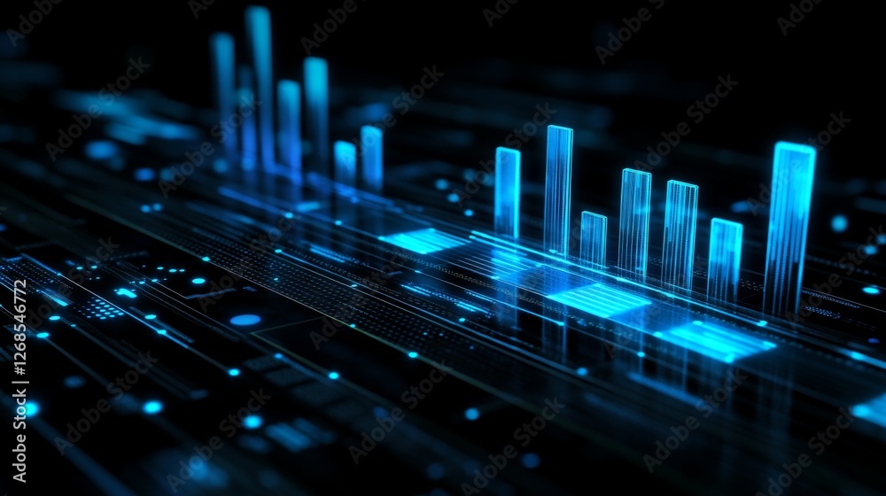 Poster a financial bar chart with translucent bars in ascending order, placed on a dark, sleek background w