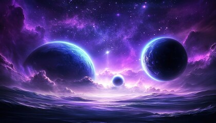 Beautiful purple and blue universe with planets, starry sky, light rays shining on the ground